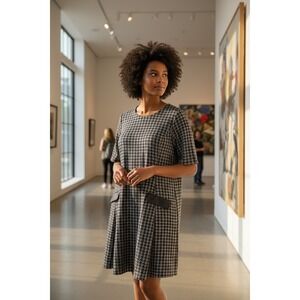 DKNY Black Gold Metallic Houndstooth Short Sleeve Shift Dress Size 16 Chic